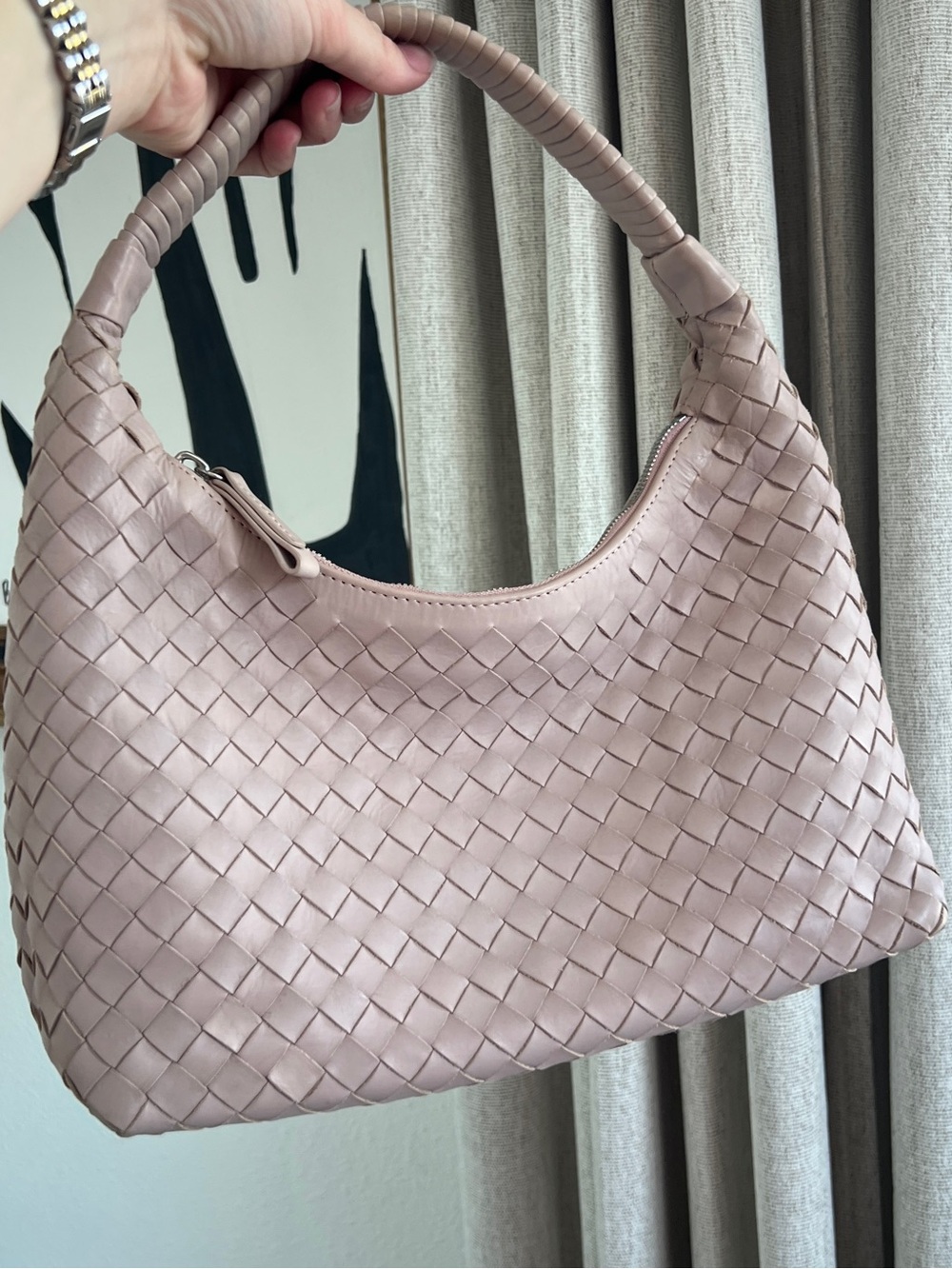 Calonge Hand-Braided Pink Purse Woven Leather Medium Hobo Bag Shoulder Strap